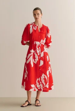 Dresses|Occasion Dresses & Outfits>Trenery Stencil Palm Blouson Sleeve Tie Waist Dress MultiDeepRed