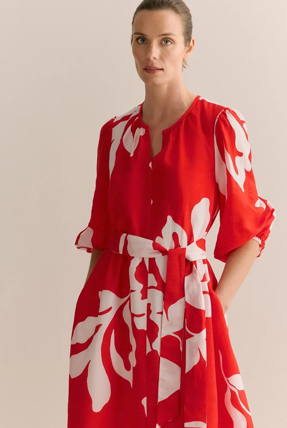 Dresses|Occasion Dresses & Outfits>Trenery Stencil Palm Blouson Sleeve Tie Waist Dress MultiDeepRed
