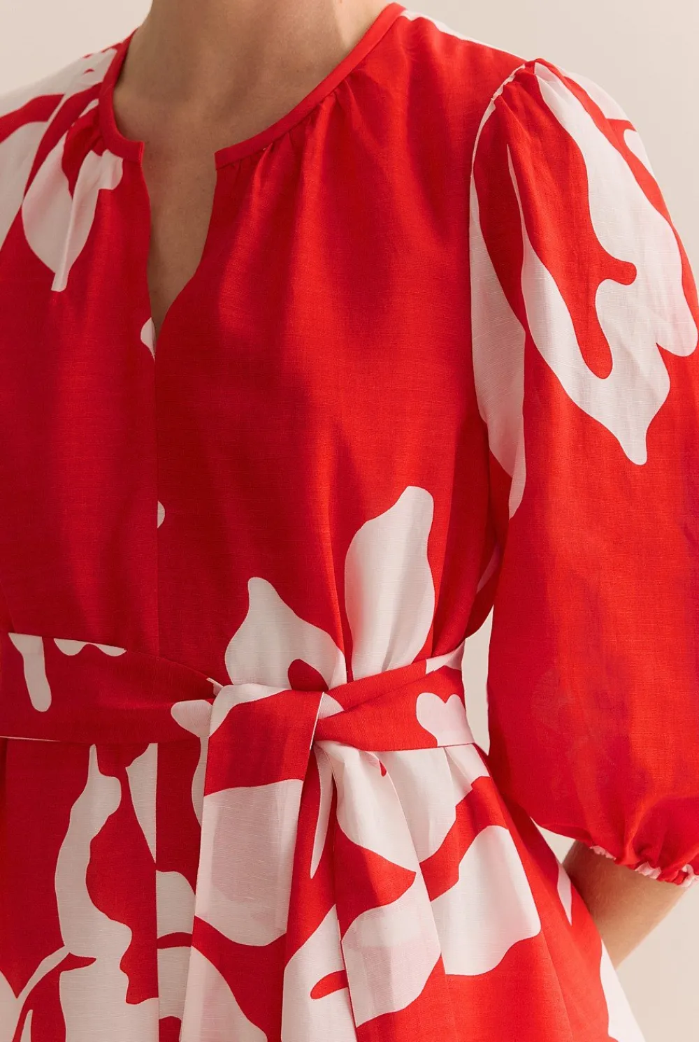Dresses|Occasion Dresses & Outfits>Trenery Stencil Palm Blouson Sleeve Tie Waist Dress MultiDeepRed