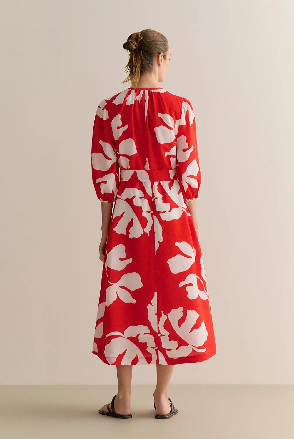 Dresses|Occasion Dresses & Outfits>Trenery Stencil Palm Blouson Sleeve Tie Waist Dress MultiDeepRed