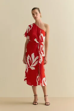 Dresses|Occasion Dresses & Outfits>Trenery Stencil Palm One Shoulder Dress MultiDeepRed
