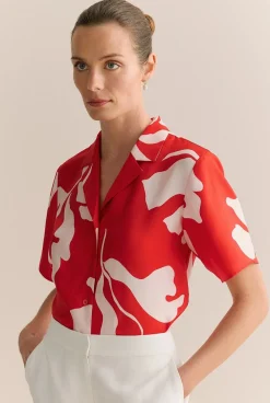 Shirts>Trenery Stencil Palm Silk Twill Short Sleeve Shirt MultiDeepRed