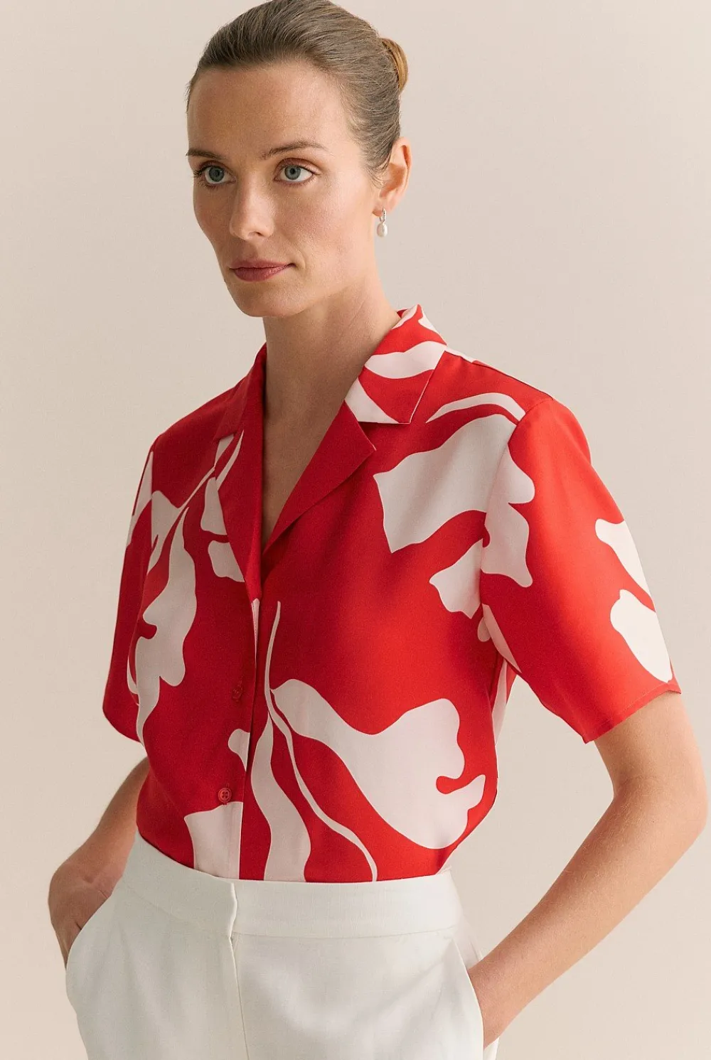 Shirts>Trenery Stencil Palm Silk Twill Short Sleeve Shirt MultiDeepRed