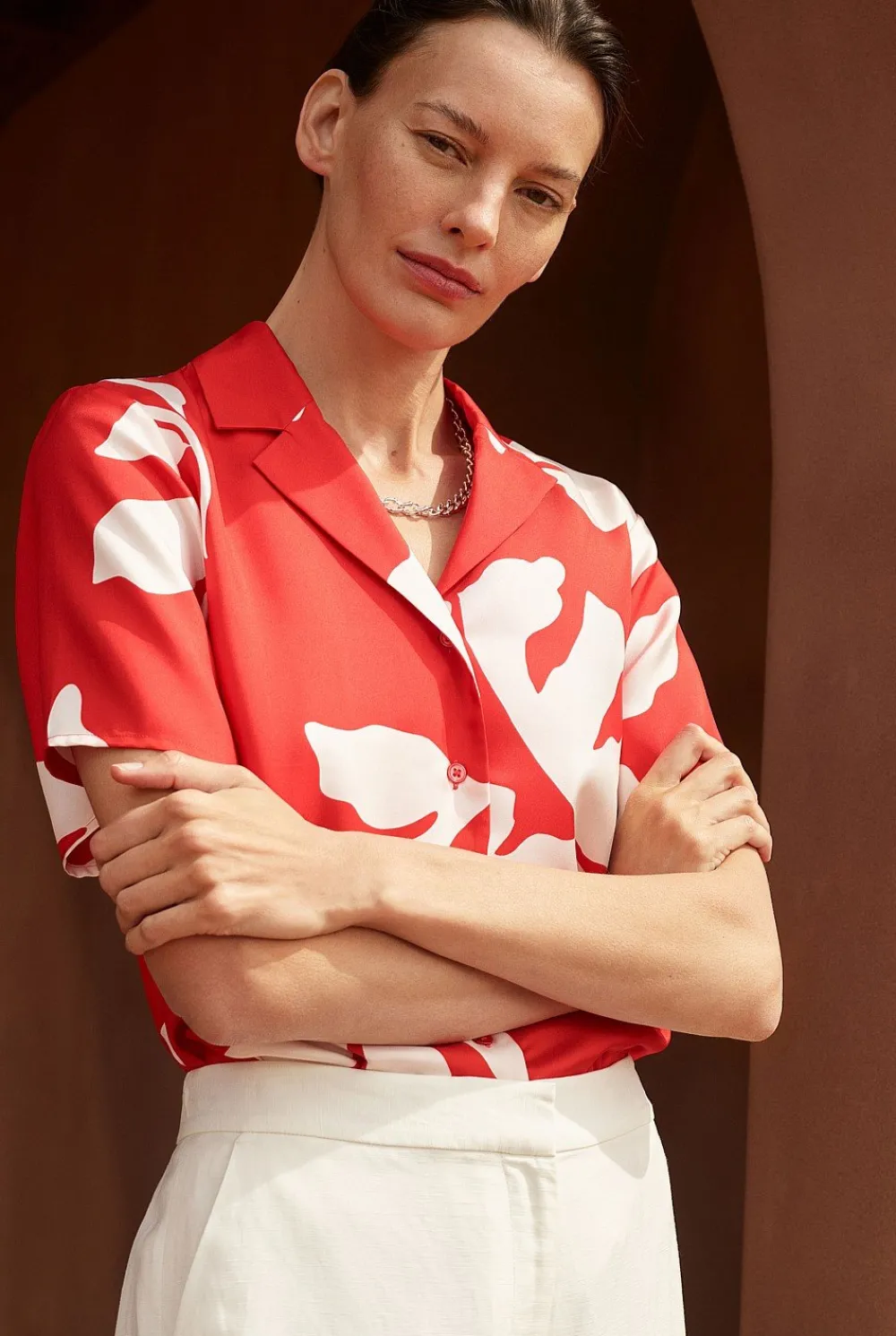 Shirts>Trenery Stencil Palm Silk Twill Short Sleeve Shirt MultiDeepRed
