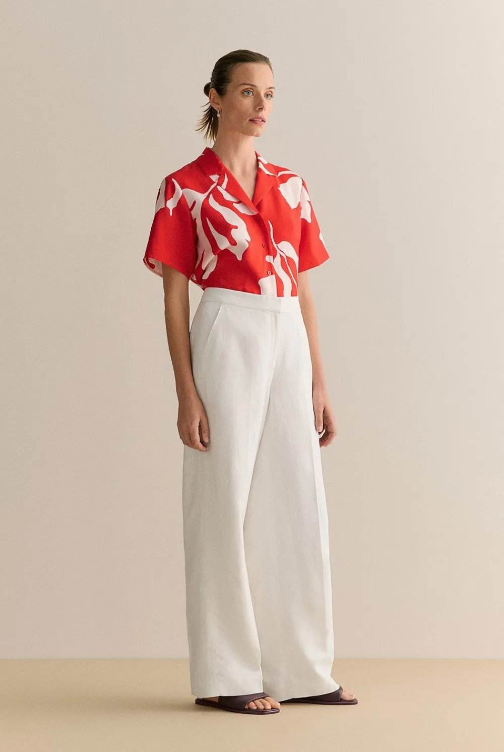 Shirts>Trenery Stencil Palm Silk Twill Short Sleeve Shirt MultiDeepRed