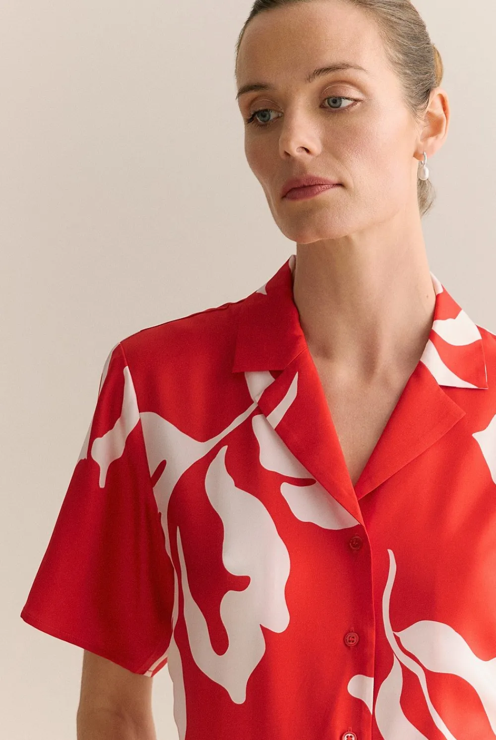 Shirts>Trenery Stencil Palm Silk Twill Short Sleeve Shirt MultiDeepRed