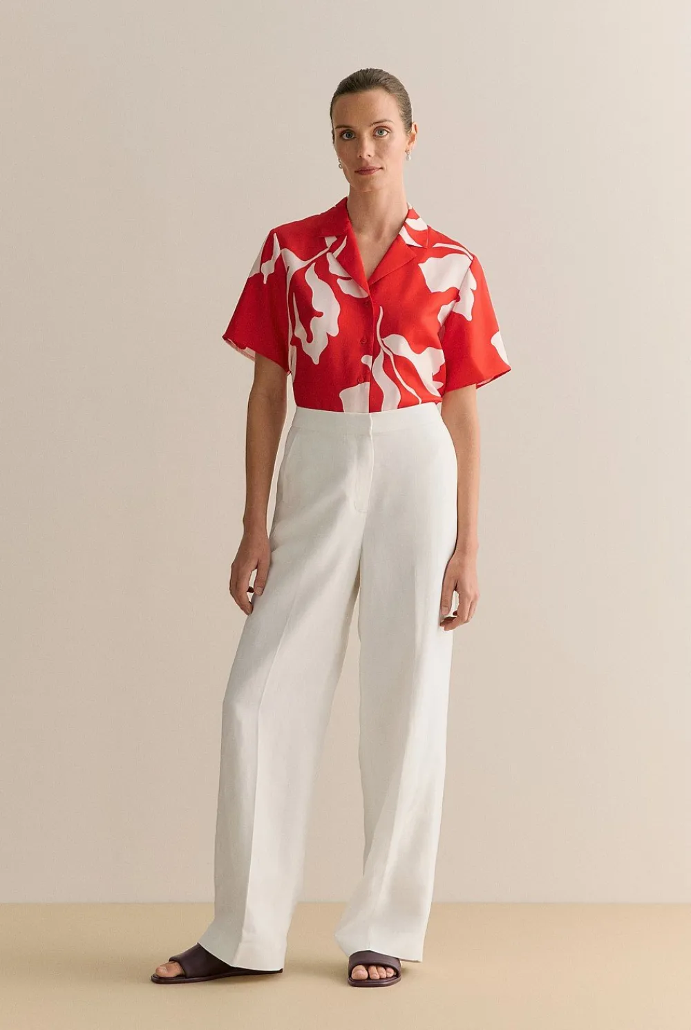 Shirts>Trenery Stencil Palm Silk Twill Short Sleeve Shirt MultiDeepRed