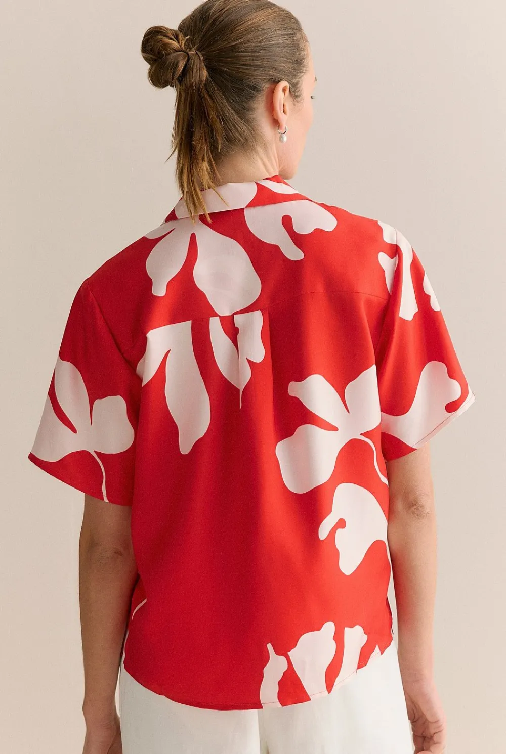 Shirts>Trenery Stencil Palm Silk Twill Short Sleeve Shirt MultiDeepRed