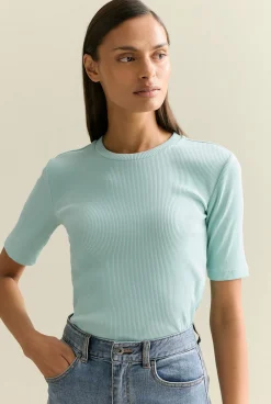 T-shirts & Tops>Trenery Stretch Cotton Rib Crew T-shirt PaleSeafoam