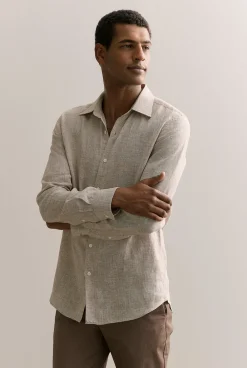 Shirts>Trenery Tailored Fit Basketweave Linen Shirt Cognac