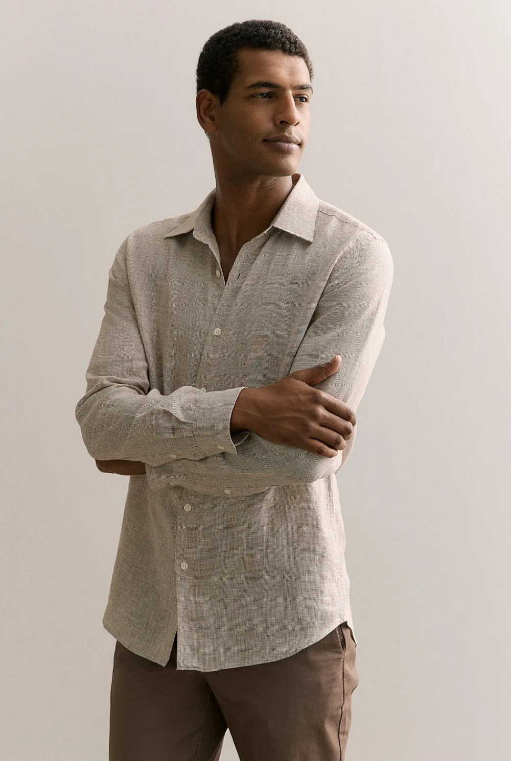 Shirts>Trenery Tailored Fit Basketweave Linen Shirt Cognac