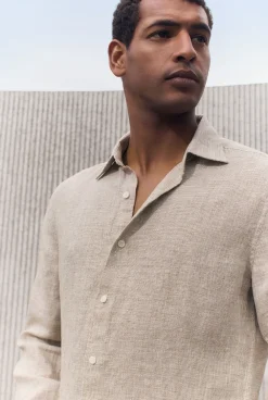 Shirts>Trenery Tailored Fit Basketweave Linen Shirt Cognac