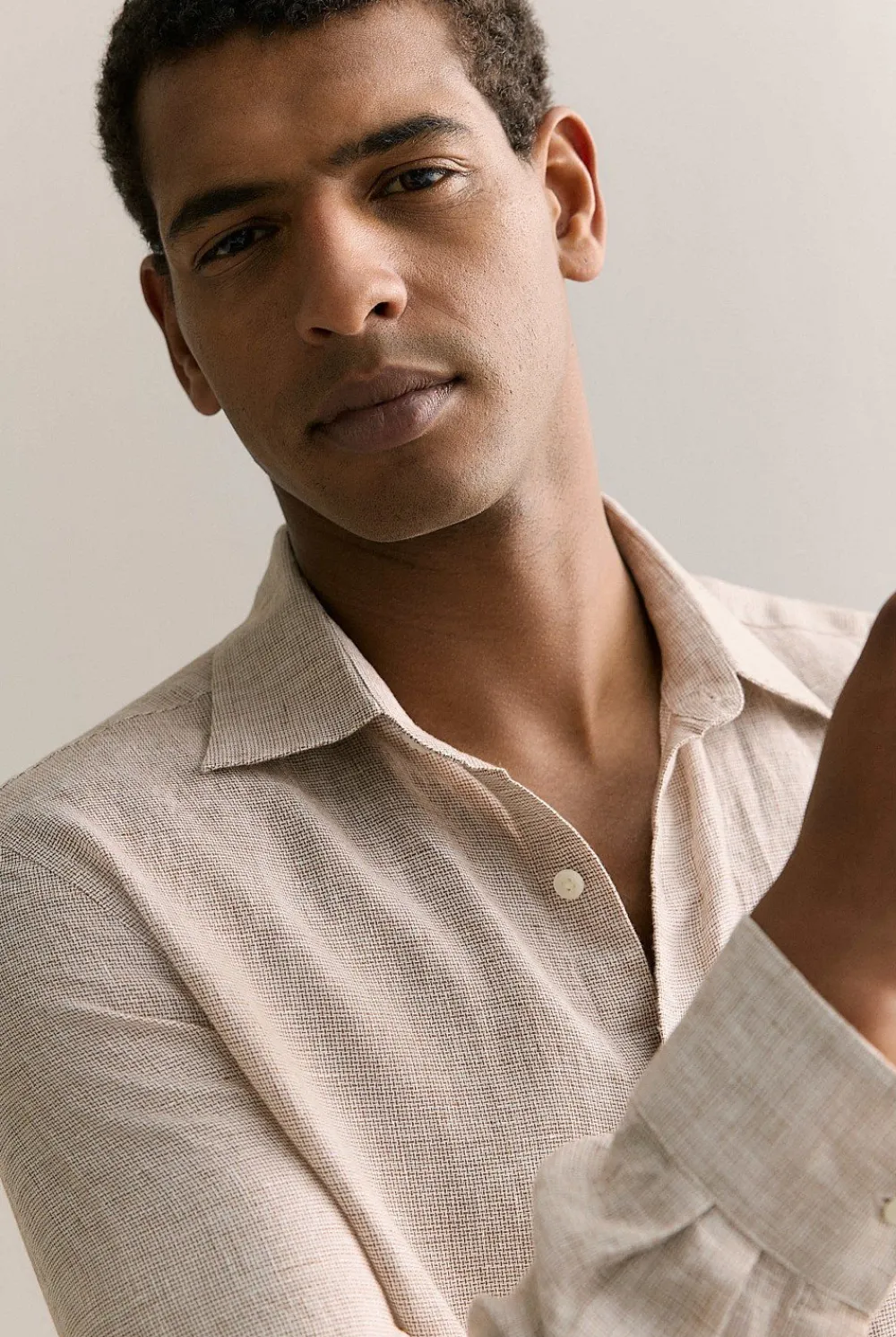 Shirts>Trenery Tailored Fit Basketweave Linen Shirt Cognac