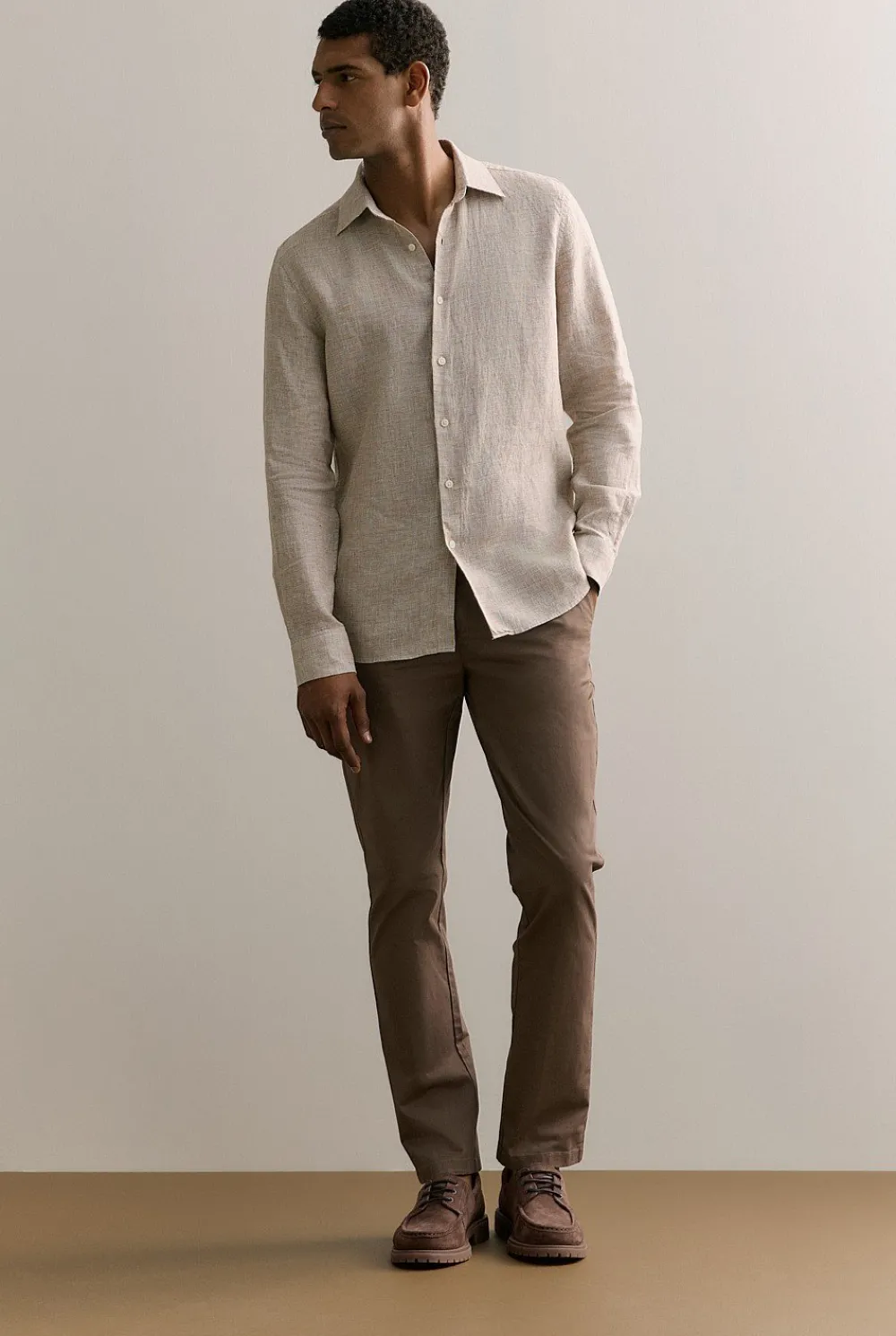 Shirts>Trenery Tailored Fit Basketweave Linen Shirt Cognac