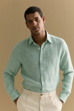 Shirts>Trenery Tailored Fit Basketweave Linen Shirt RacingGreen