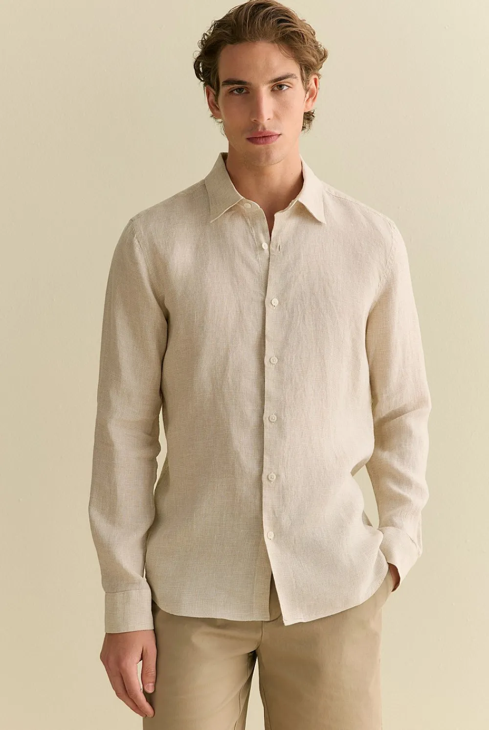 The Linen Edit>Trenery Tailored Fit Basketweave Linen Shirt Barley