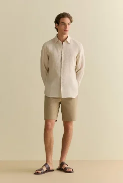 The Linen Edit>Trenery Tailored Fit Basketweave Linen Shirt Barley