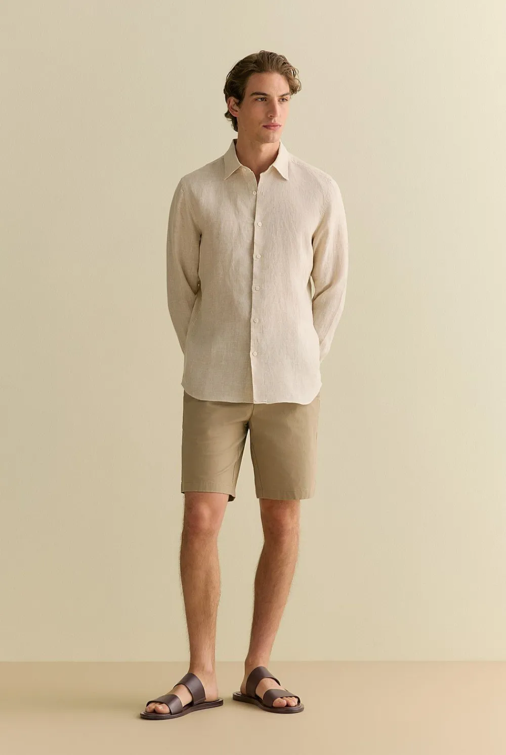 The Linen Edit>Trenery Tailored Fit Basketweave Linen Shirt Barley