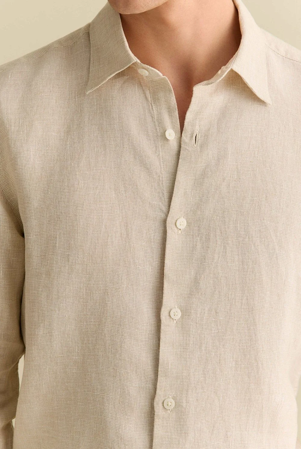 The Linen Edit>Trenery Tailored Fit Basketweave Linen Shirt Barley