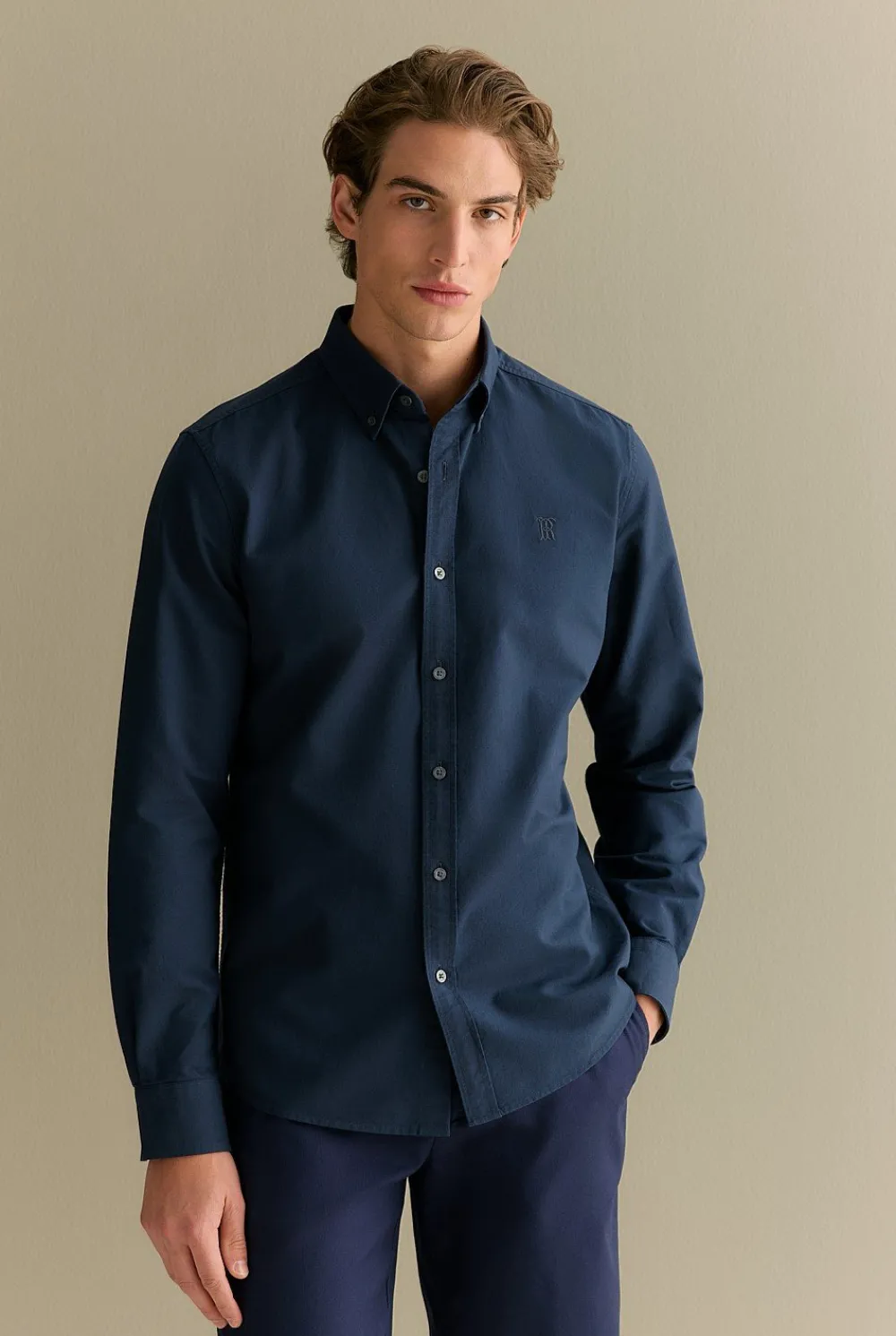 Shirts|Oxford Shirts>Trenery Tailored Fit Cotton Monogram Oxford Shirt Navy