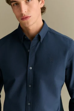 Shirts|Oxford Shirts>Trenery Tailored Fit Cotton Monogram Oxford Shirt Navy