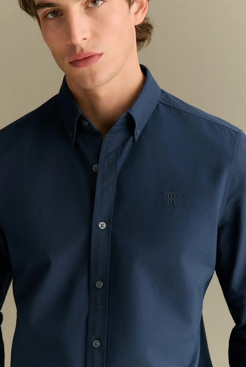 Shirts|Oxford Shirts>Trenery Tailored Fit Cotton Monogram Oxford Shirt Navy