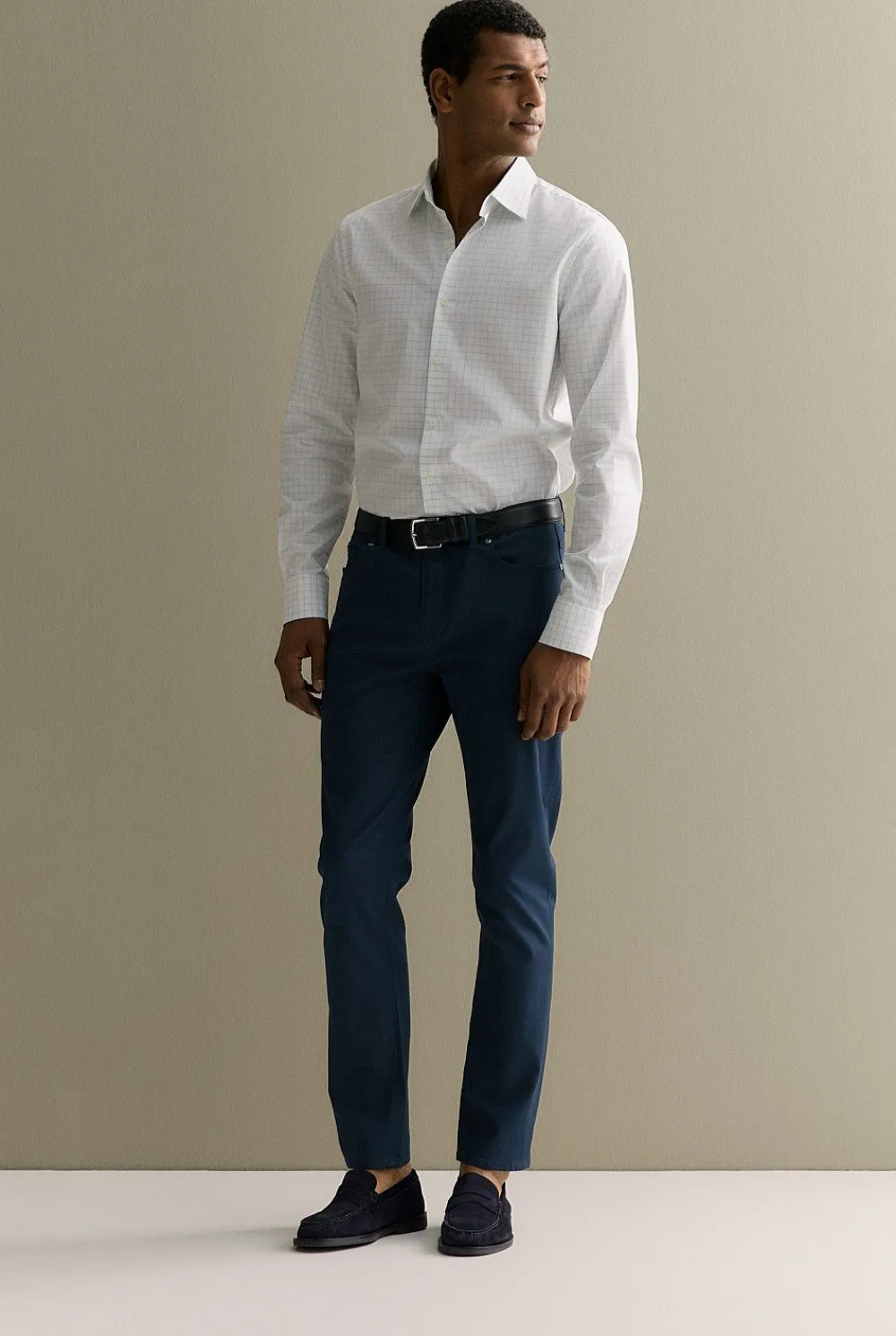 Shirts>Trenery Tailored Fit Cotton Poplin Windowpane Check Shirt White