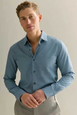 Shirts>Trenery Tailored Fit Cotton Poplin Micro Spot Shirt PetrolBlue