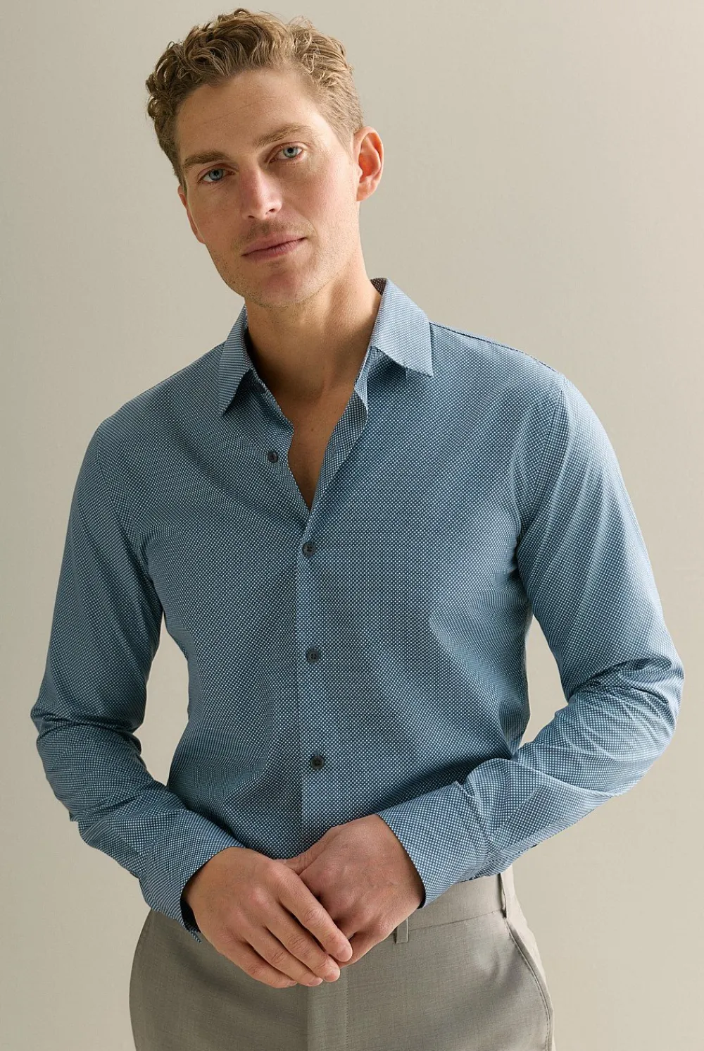 Shirts>Trenery Tailored Fit Cotton Poplin Micro Spot Shirt PetrolBlue
