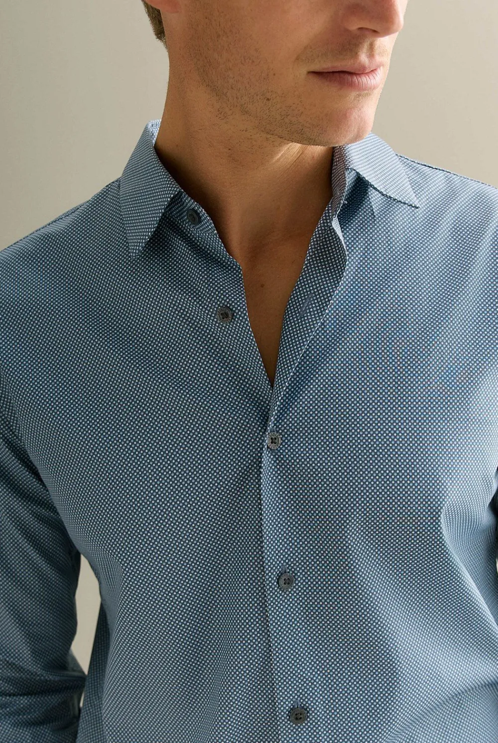 Shirts>Trenery Tailored Fit Cotton Poplin Micro Spot Shirt PetrolBlue