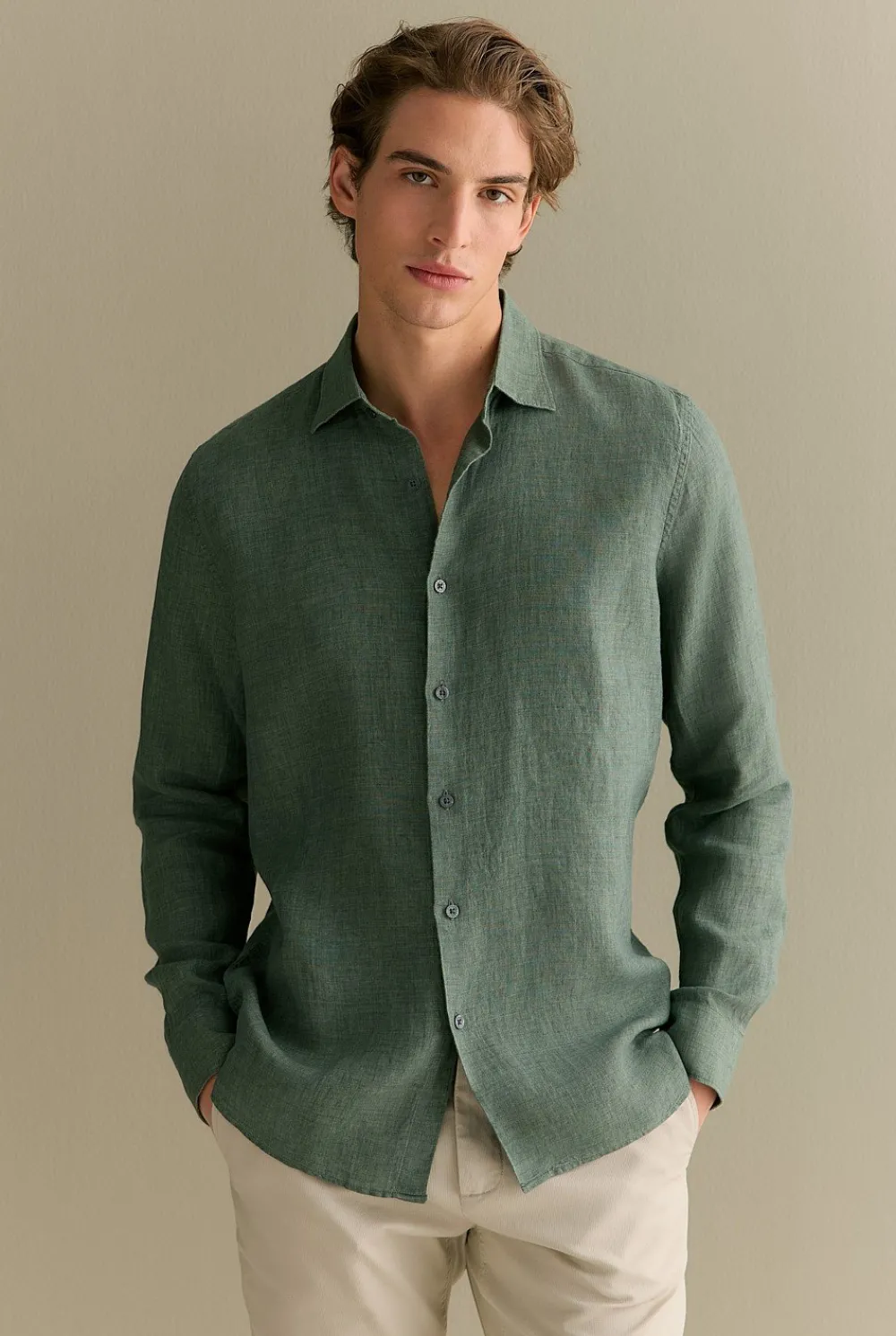 Linen Shirts|The Linen Edit>Trenery Tailored Fit Delave Linen Long Sleeved Shirt Evergreen