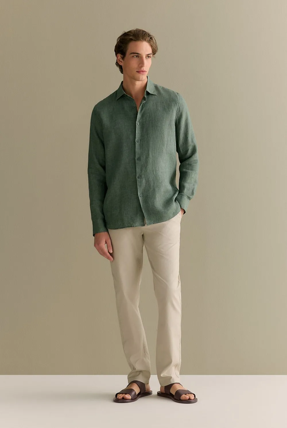 Linen Shirts|The Linen Edit>Trenery Tailored Fit Delave Linen Long Sleeved Shirt Evergreen