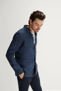 Linen Shirts>Trenery Tailored Fit Delave Linen Long Sleeve Shirt FrenchNavy