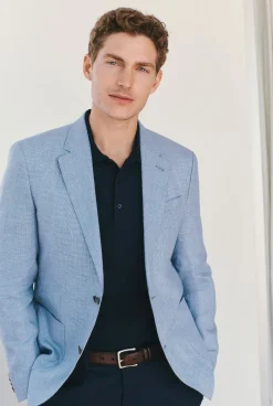 Outerwear|Suits & Tailoring>Trenery Tailored Fit Irish Linen Puppytooth Blazer BlueMelange