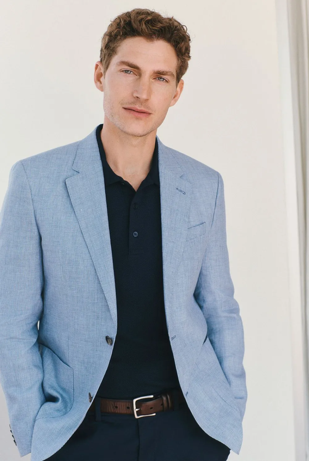 Outerwear|Suits & Tailoring>Trenery Tailored Fit Irish Linen Puppytooth Blazer BlueMelange