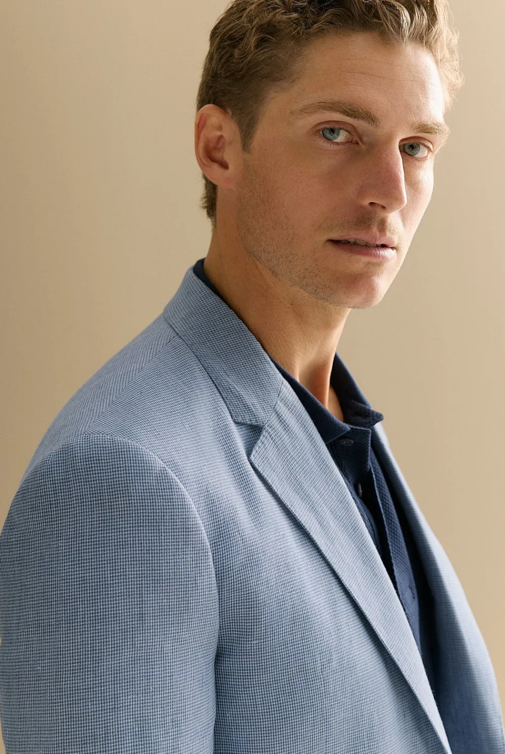 Outerwear|Suits & Tailoring>Trenery Tailored Fit Irish Linen Puppytooth Blazer BlueMelange
