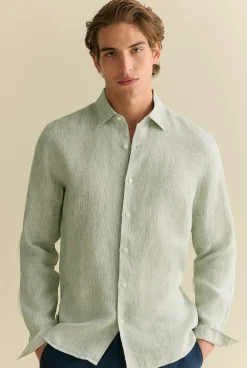 The Linen Edit>Trenery Tailored Fit Linen Stripe Shirt Avocado