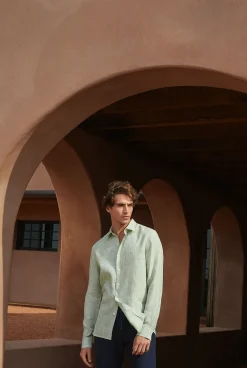 The Linen Edit>Trenery Tailored Fit Linen Stripe Shirt Avocado