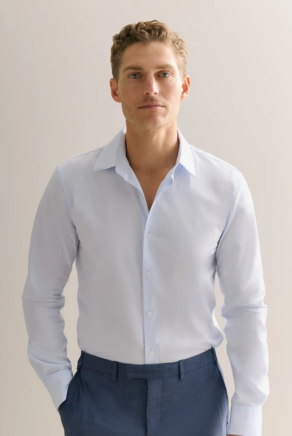 Suits & Tailoring>Trenery Tailored Fit Yarn Dyed Cotton Smart Shirt PaleBlue