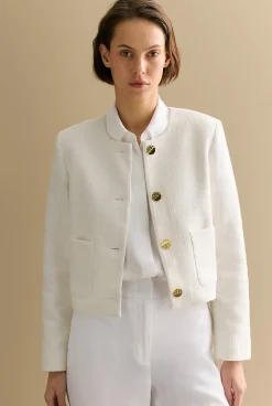 Outerwear>Trenery Tweed Collarless Cropped Jacket White