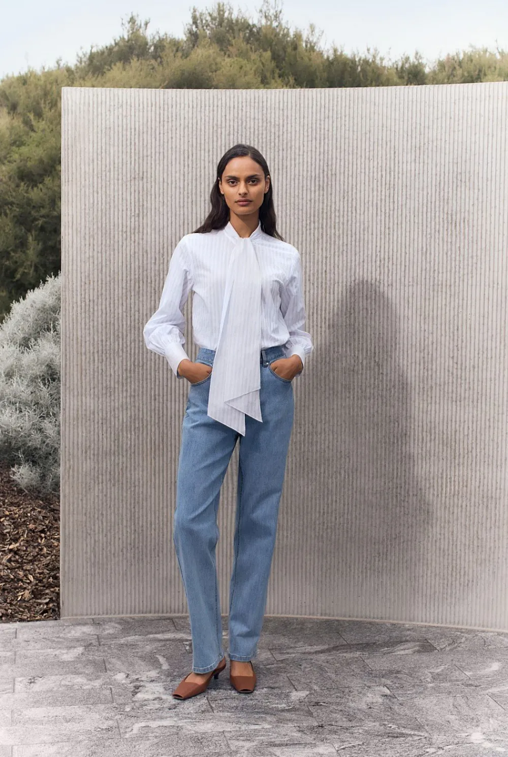 Shirts>Trenery Yarn Dyed Cotton Stripe Tie Neck Shirt LightBlue