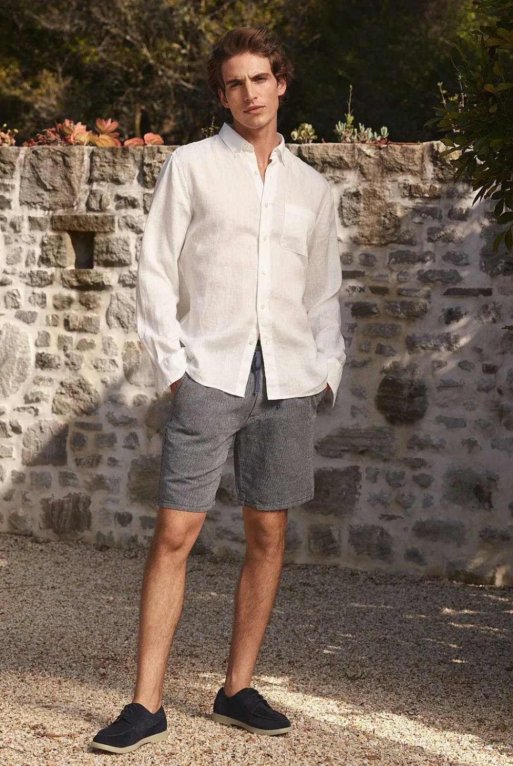 Shorts>Trenery Yarn Dyed Linen Cotton Pull On Short Navy