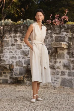 Dresses|The Linen Edit>Trenery Yarn Dyed Linen Panel Detail Sleeveless Shirt Dress Flax