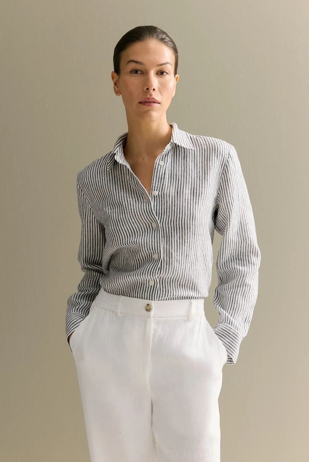 Shirts|The Linen Edit>Trenery Yarn Dyed Linen Stripe Shirt Navy