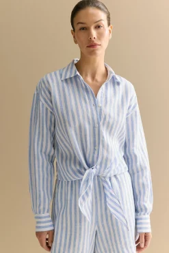 Shirts|Co-ord Sets>Trenery Yarn Dyed Linen Stripe Tie Front Shirt WedgewoodBlue