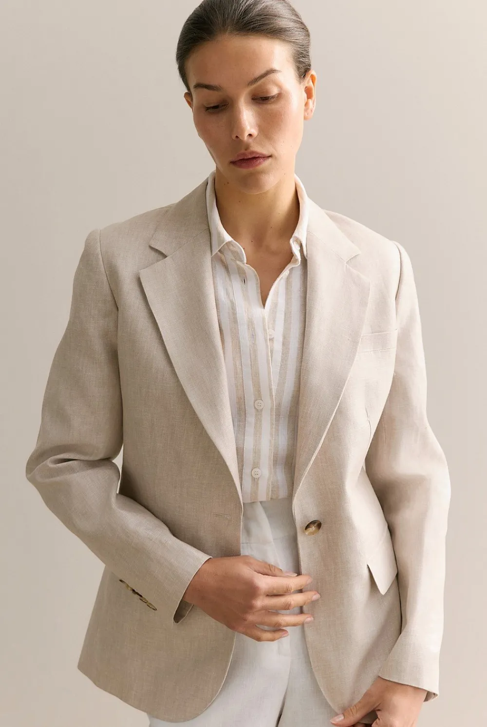 Outerwear|The Linen Edit>Trenery Yarn Dyed Linen Twill Single Breasted Blazer Flax