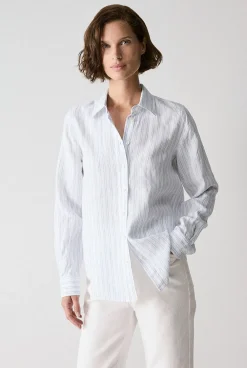 Shirts|The Linen Edit>Trenery Yarn Dyed Linen Twin Stripe Shirt MidBlue