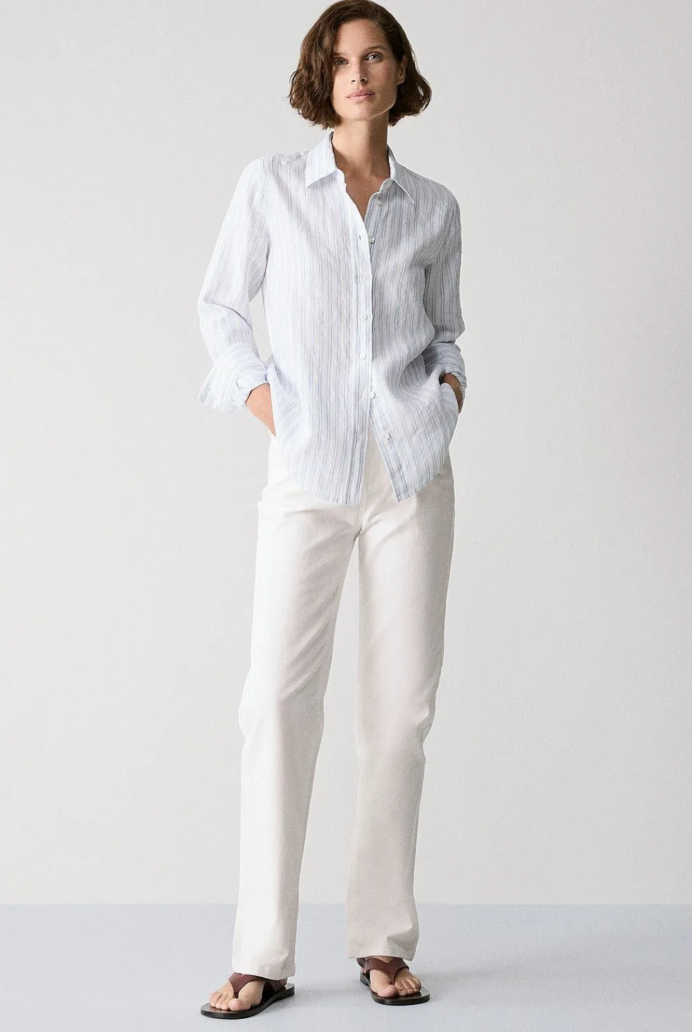 Shirts|The Linen Edit>Trenery Yarn Dyed Linen Twin Stripe Shirt MidBlue